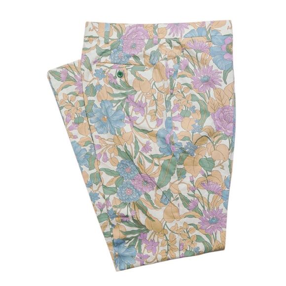 Mens 34 Floral Pants Cream Multicolor Cotton Flat Front Straight Fit Trousers